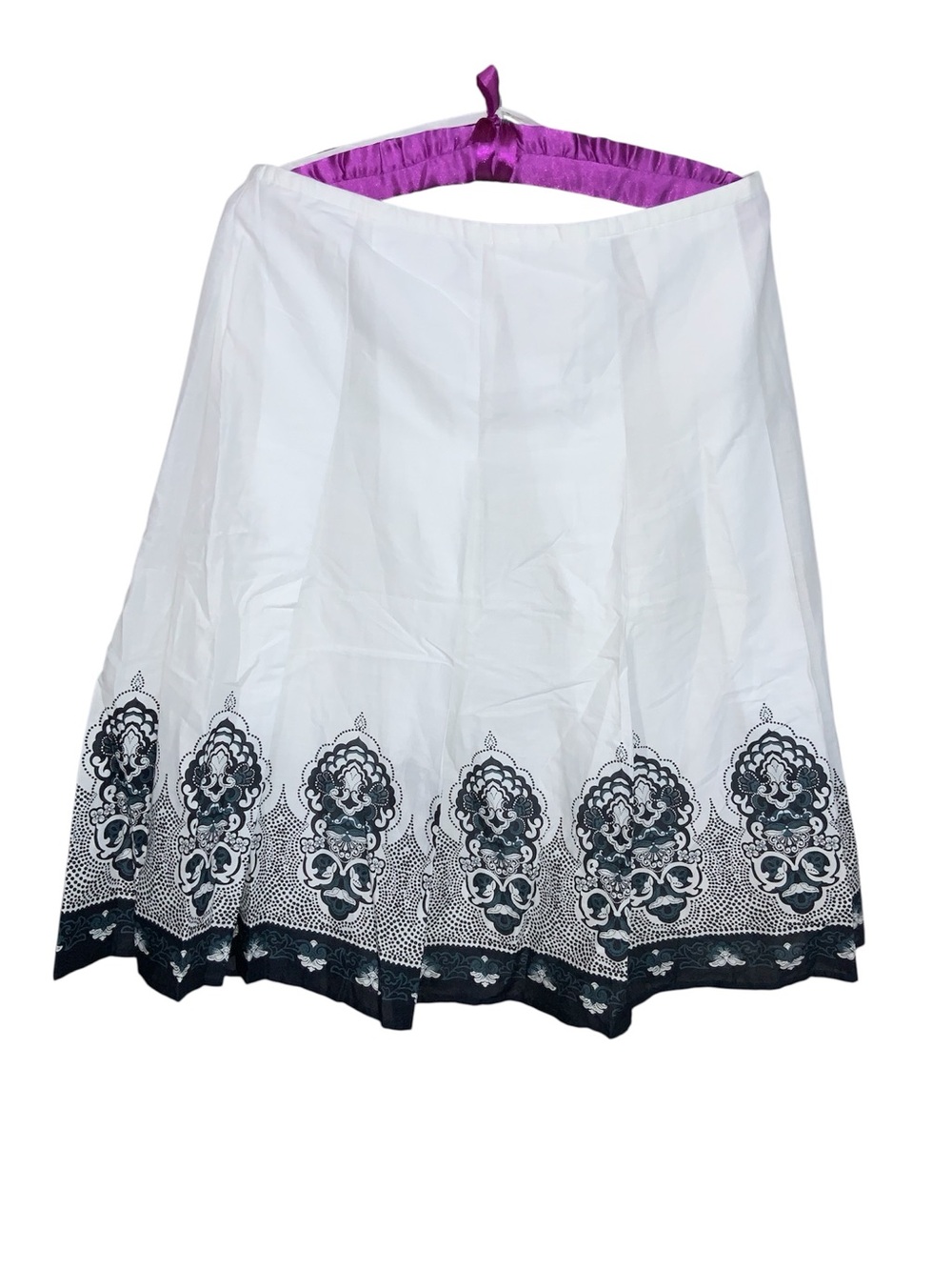 Women's White A-Line Skirt with Black Embroidered Hem